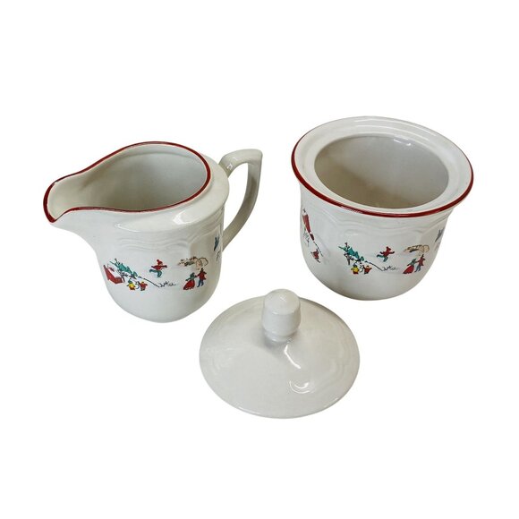 Vintage Christmas Farberware Ceramic Sugar Bowl Creamer Set With Lid Snowman - Picture 3 of 7